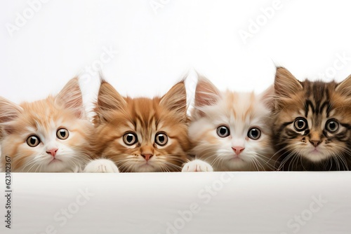 Kittens peek behind a white banner on a white background.