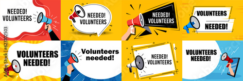 Volunteers needed. Megaphone banner vector set 8 in 1