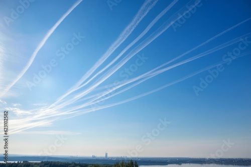 Sunset Full of Contrails  in the Style of Environmental Activism  Embracing Shades of White and Light Blue