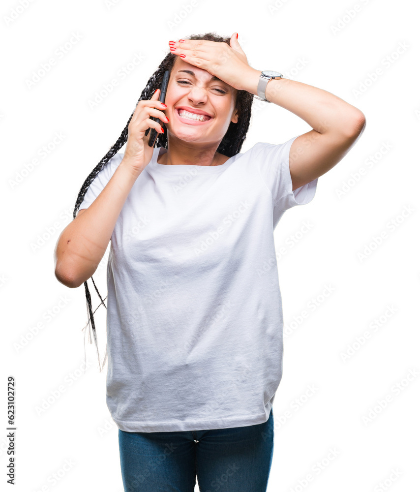 Young braided hair african american girl showing calling using smartphone over isolated background stressed with hand on head, shocked with shame and surprise face, angry and frustrated Young braided hair african american girl showing calling using smartphone over isolated background stressed with hand on head, shocked with shame and surprise face, angry and frustrated