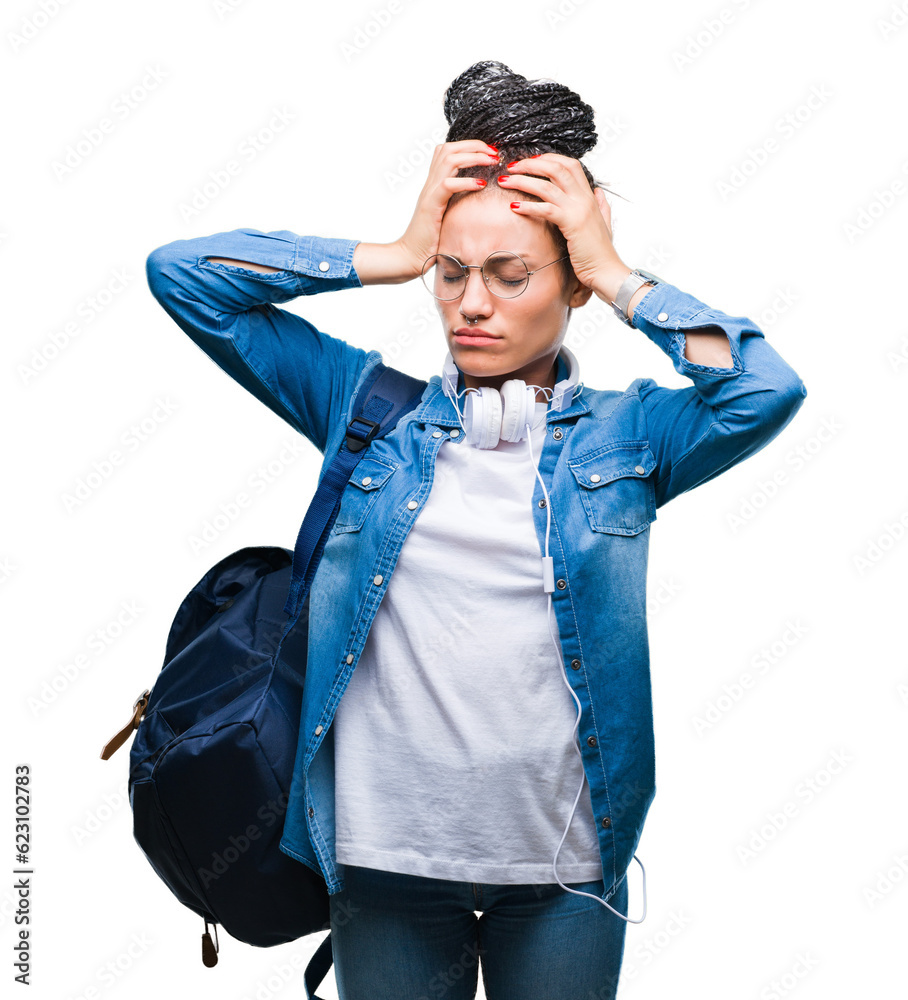 Young braided hair african american student girl wearing backpack over isolated background suffering from headache desperate and stressed because pain and migraine. Hands on head.