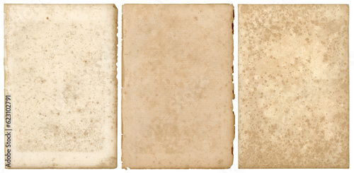 set / collection of three stained grungy vintage / antique paper sheets with ripped borders, retro book page backgrounds, textures or collage design elements, isolated over transparency, PNG
