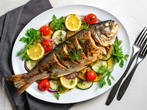 Baked fish dorado with lemon and fresh salad