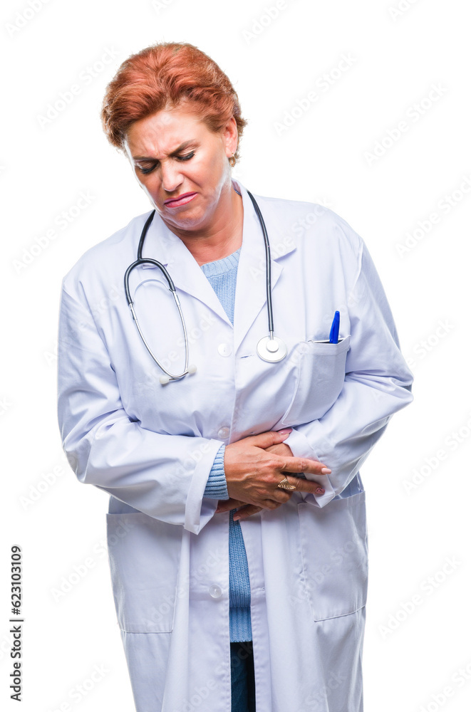 Senior caucasian doctor woman wearing medical uniform over isolated background with hand on stomach because nausea, painful disease feeling unwell. Ache concept. Senior caucasian doctor woman wearing medical uniform over isolated background with hand on stomach because nausea, painful disease feeling unwell. Ache concept.