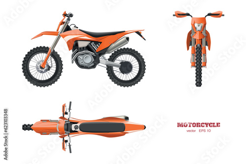 Isolated cross motorcycle. 3D orange motorbike. Front, side, top view of motocross cycle. Extreme motorbik industrial draw. Motorsport vehicle blueprint