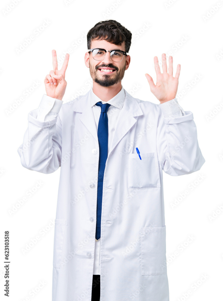Young professional scientist man wearing white coat over isolated background showing and pointing up with fingers number seven while smiling confident and happy.