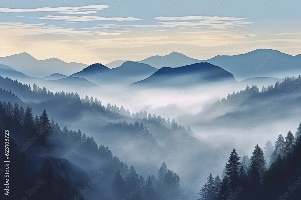 Mystical mountain forest with fog in the morning.