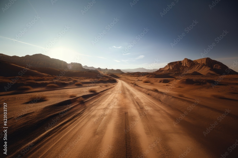 Illustration of a beautiful road in the middle of the desert between the mountains with the rays of the sun.