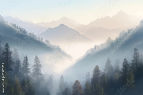 Beautiful illustration of mountains and forests in the fog.
