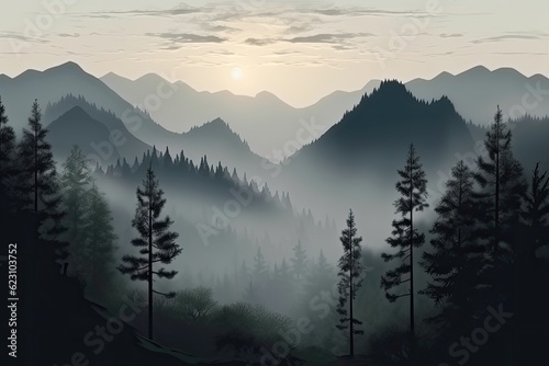 Panoramic mountain landscape with a forest in the fog.