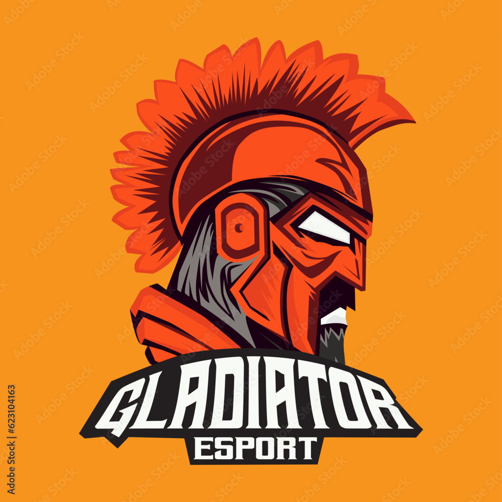 Illustration of gladiator esport logo, orange background, in the style of expressive character design