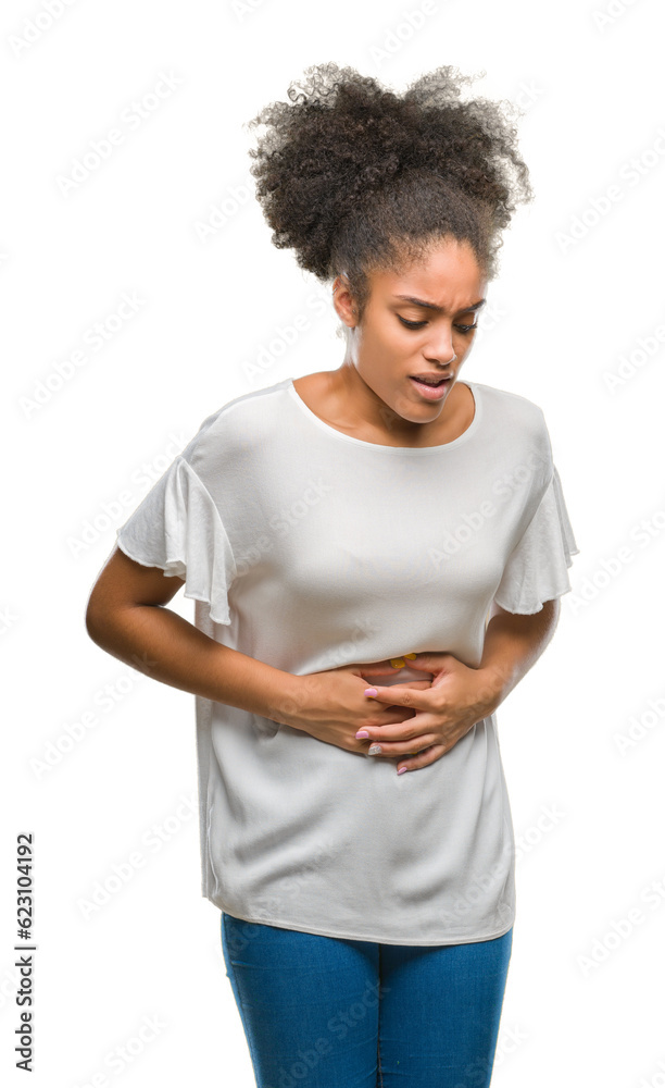 Young afro american woman over isolated background with hand on stomach because indigestion, painful illness feeling unwell. Ache concept. Young afro american woman over isolated background with hand on stomach because indigestion, painful illness feeling unwell. Ache concept.