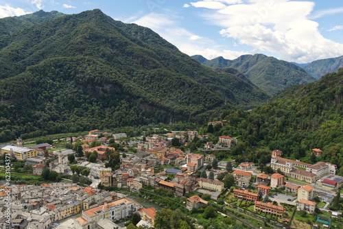 aerial shot of the Sesia river which crosses the city of varallo