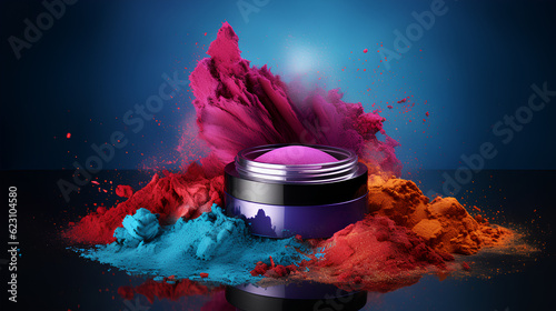 Cosmetic branding, make-up concept - Beauty face jar,eyeshadow palette and paint splash on blue background, make-up and cosmetics product for luxury beauty brand.Generative AI