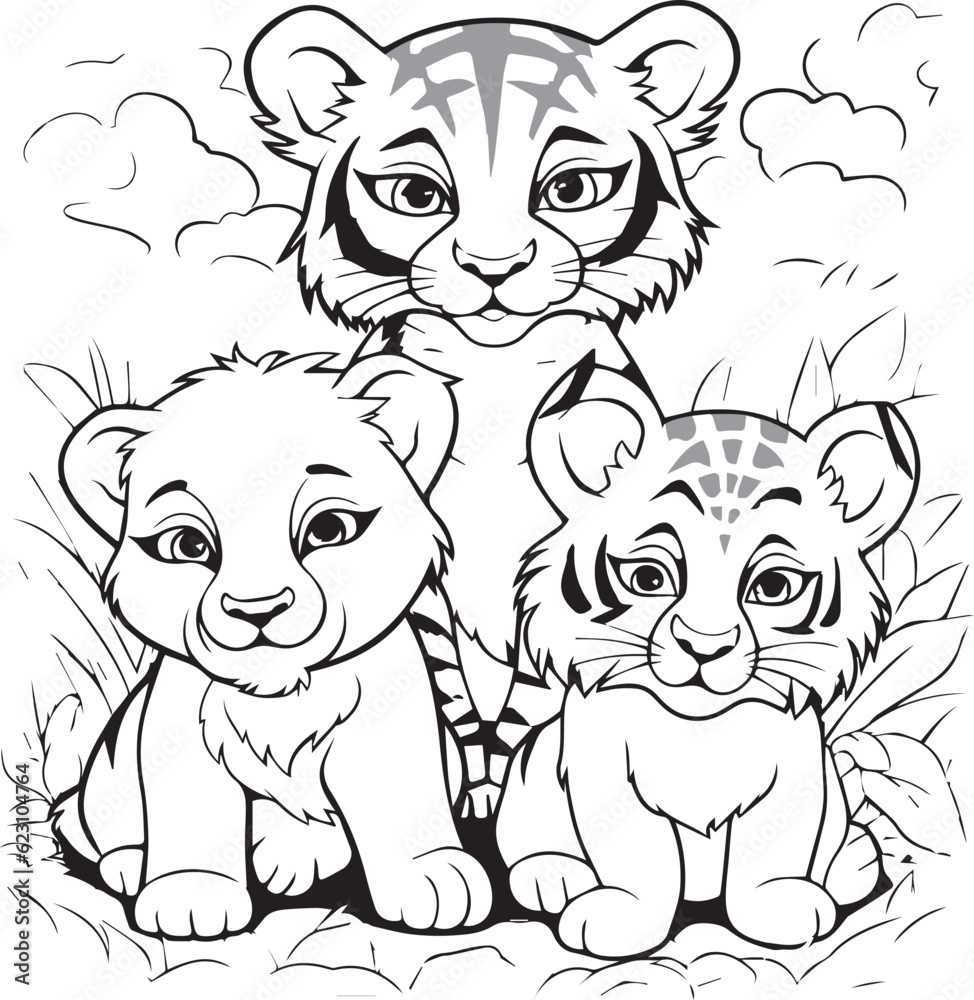 3 Baby Tiger- 3 tiger cub cartoon outline illustration. Coloring book for children. Black and white vector drawing. 3 Baby Tiger- 3 tiger cub cartoon outline illustration. Coloring book for children. Black and white vector drawing.