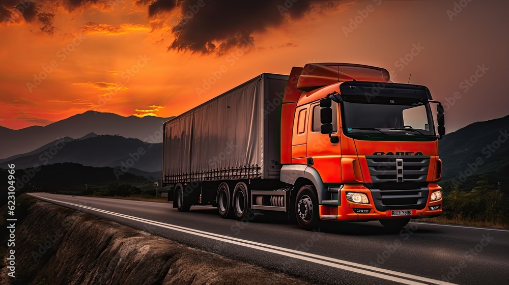 A logistics truck speeding down a dramatic highway scene. Generative AI