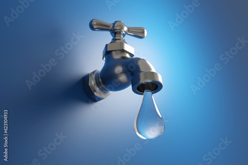 Classical silver water tap (faucet) dripping a large water droplet on blue background in minimalism Fototapeta
