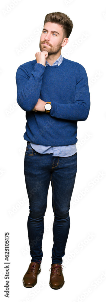 Young handsome bussines man with hand on chin thinking about question, pensive expression. Smiling with thoughtful face. Doubt concept. Young handsome bussines man with hand on chin thinking about question, pensive expression. Smiling with thoughtful face. Doubt concept.