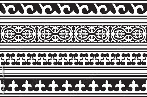 Vector set of black monochrome seamless Kazakh national ornament. Ethnic endless pattern of the peoples of the Great Steppe, .Mongols, Kyrgyz, Kalmyks, Buryats. frame border.