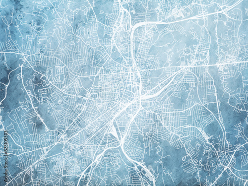 Illustration of a map of the city of  Worcester Massachusetts in the United States of America with white roads on a icy blue frozen background. photo