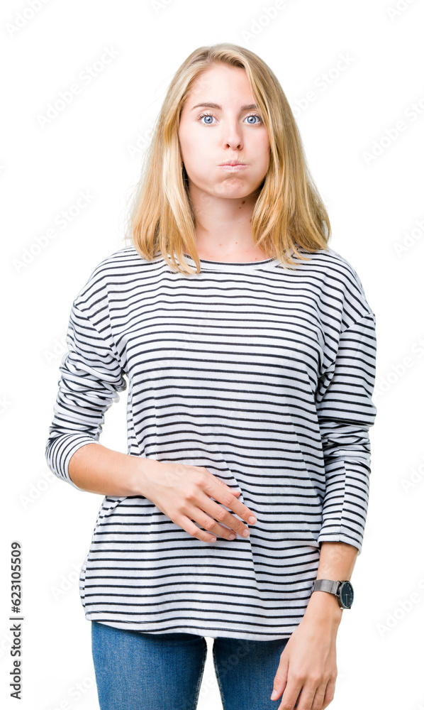 Beautiful young woman wearing stripes sweater over isolated background puffing cheeks with funny face. Mouth inflated with air, crazy expression. Beautiful young woman wearing stripes sweater over isolated background puffing cheeks with funny face. Mouth inflated with air, crazy expression.