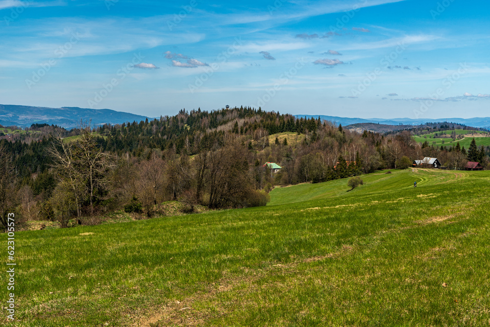 Springtime Javorniky mountains in Slovakia - view from meadows bellow Vrchrieka hill summit