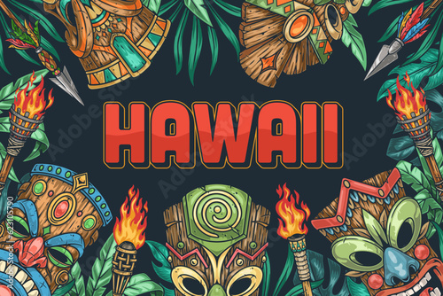Hawaii tiki mask poster colorful