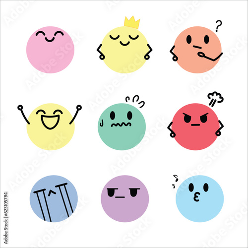 Emoji set, Faces emotions, expressive faces, Kawaii cute faces, Flat design, Pastel icons,  and Vector illustration icons set