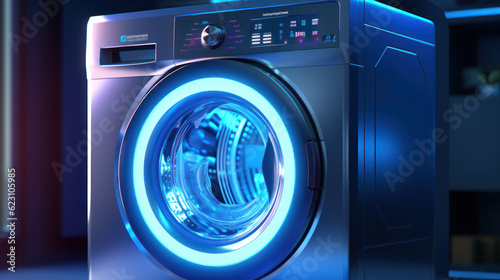 Modern washing machine with laundry, closeup digital control display photo