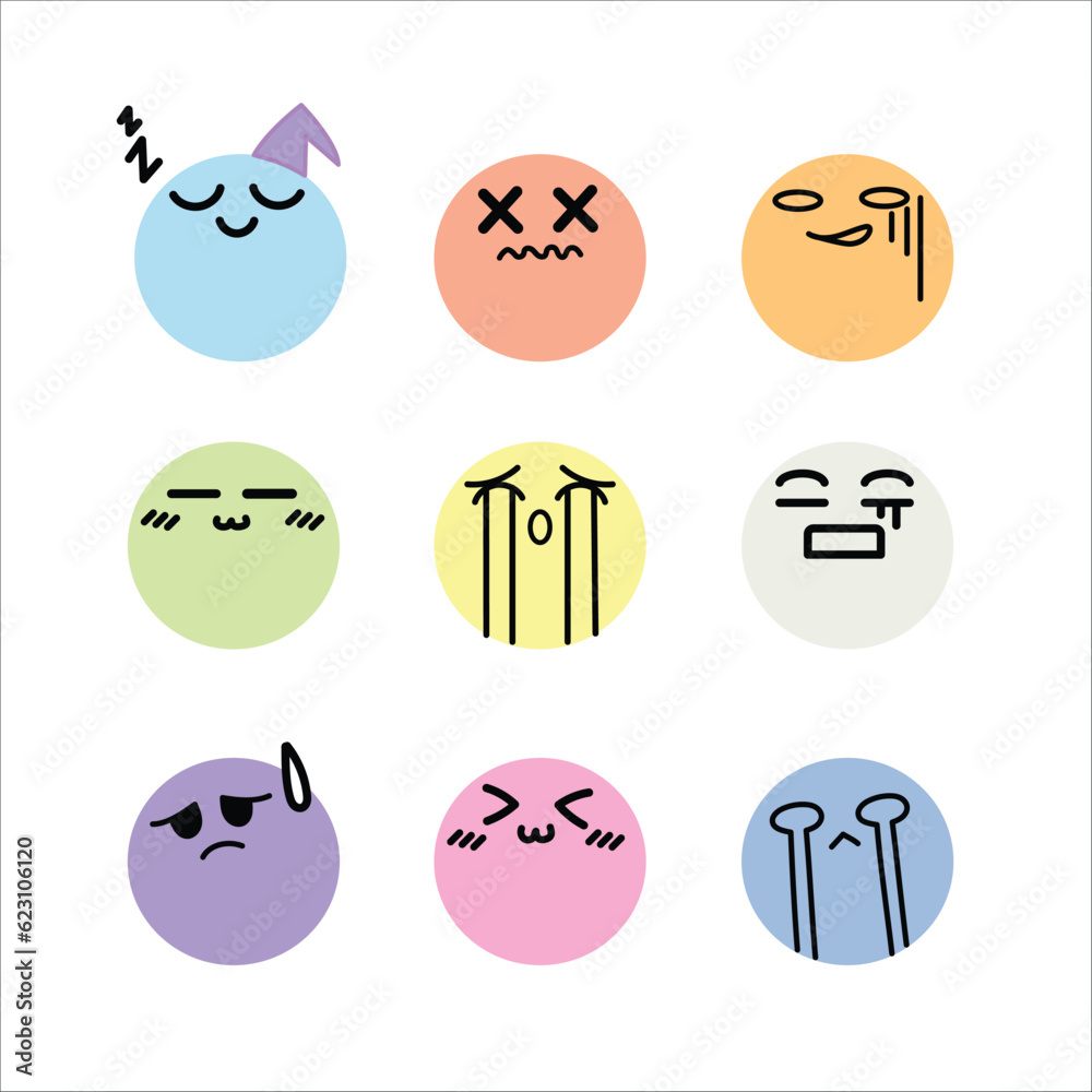Fototapeta premium Emoji set, Faces emotions, expressive faces, Kawaii cute faces, Flat design, Pastel icons, and Vector illustration icons set