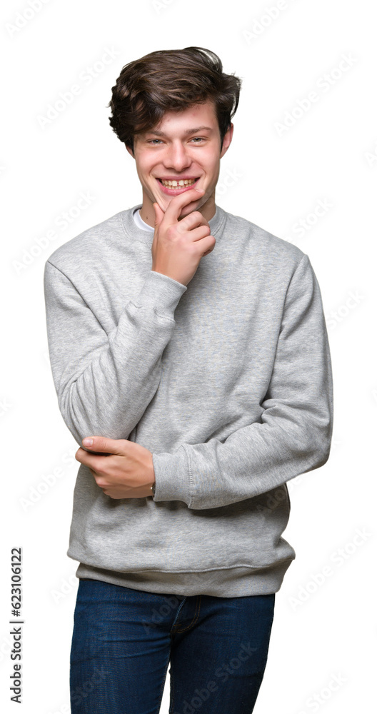 Young handsome sporty man wearing sweatshirt over isolated background looking confident at the camera with smile with crossed arms and hand raised on chin. Thinking positive. Young handsome sporty man wearing sweatshirt over isolated background looking confident at the camera with smile with crossed arms and hand raised on chin. Thinking positive.