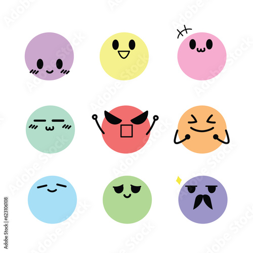 Emoji set, Faces emotions, expressive faces, Kawaii cute faces, Flat design, Pastel icons,  and Vector illustration icons set