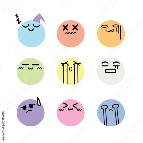 Emoji set, Faces emotions, expressive faces, Kawaii cute faces, Flat design, Pastel icons,  and Vector illustration icons set