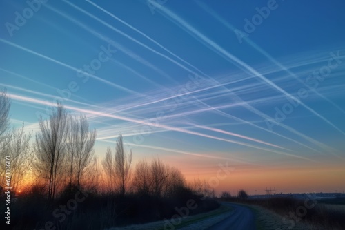 Sunset Full of Contrails, in the Style of Environmental Activism, Embracing Shades of White and Light Blue