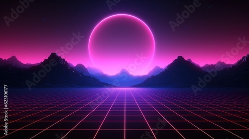 Synthwave Retro Future Grid background with pink round