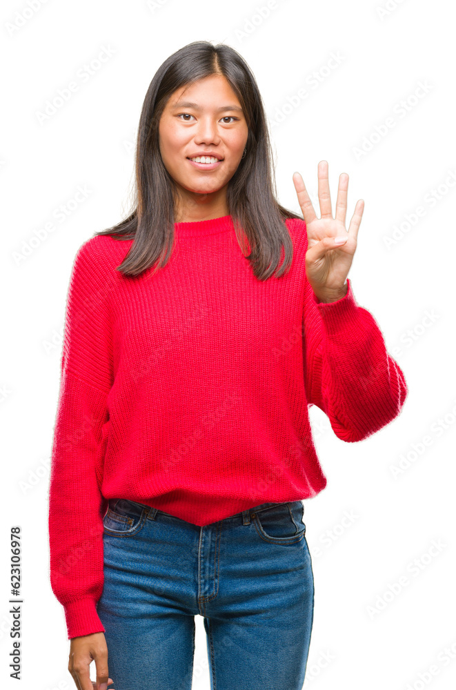 Young asian woman wearing winter sweater over isolated background showing and pointing up with fingers number four while smiling confident and happy. Young asian woman wearing winter sweater over isolated background showing and pointing up with fingers number four while smiling confident and happy.