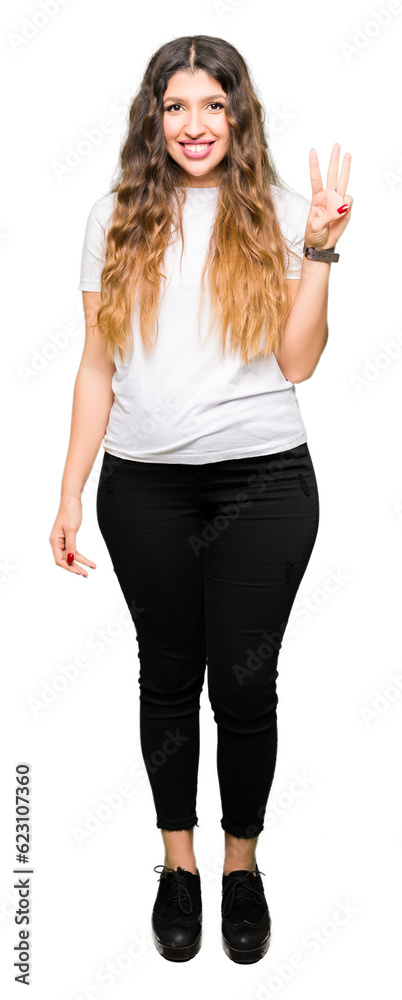 Obraz premium Young beautiful woman wearing casual white t-shirt showing and pointing up with fingers number three while smiling confident and happy.