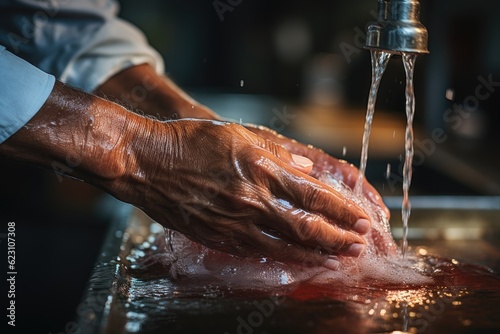 Hands of senior man wash their hands in a sink with foam. Generative AI