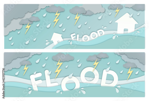 Set of flooded landscape banner, raining sky, grey clouds, flood after heavy rain illustrations