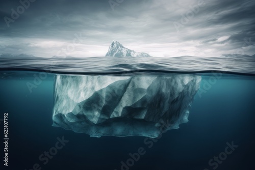 iceberg in polar regions, Iceberg on the Waterline, Captured in the Style of Photorealistic Surrealism and Moody Tonalism, Unveiling Impressive Panoramas of Light Blue and Blue Tones with Photorealist © Ben