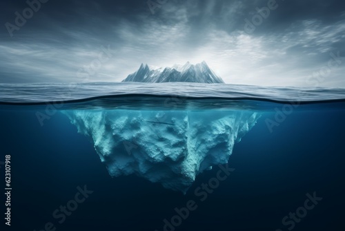 iceberg in polar regions  Iceberg on the Waterline  Captured in the Style of Photorealistic Surrealism and Moody Tonalism  Unveiling Impressive Panoramas of Light Blue and Blue Tones with Photorealist