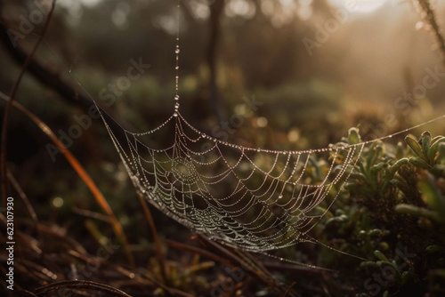 Nature, rain and dew drop with spider web in forest for morning, green environment and sustainability. Ai generated, condensation and closeup of water on insect silk for ecology, growth and summer
