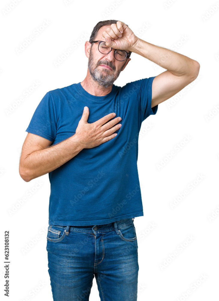 Handsome middle age hoary senior man wearin glasses over isolated background Touching forehead for illness and fever, flu and cold, virus sick