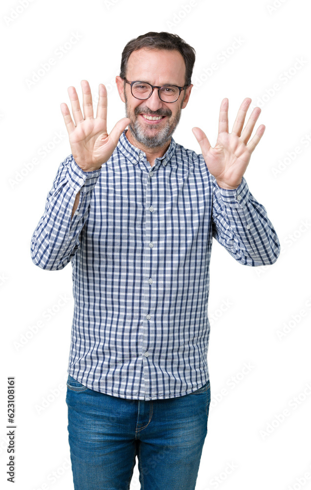 Handsome middle age elegant senior business man wearing glasses over isolated background showing and pointing up with fingers number ten while smiling confident and happy. Handsome middle age elegant senior business man wearing glasses over isolated background showing and pointing up with fingers number ten while smiling confident and happy.