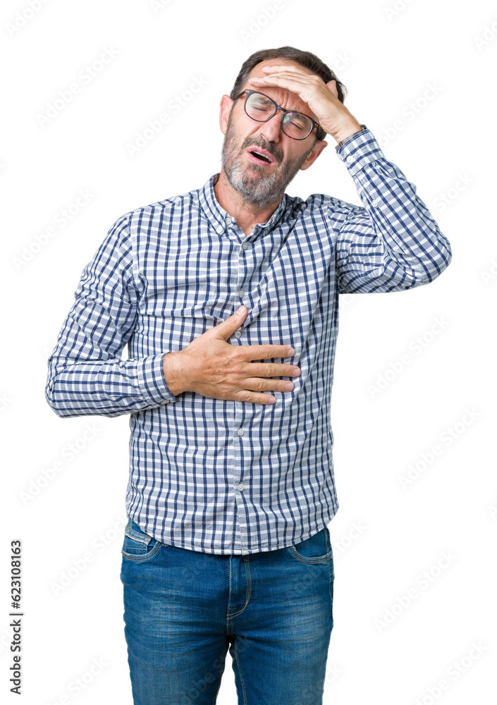 Handsome middle age elegant senior man wearing glasses over isolated background Touching forehead for illness and fever, flu and cold, virus sick Handsome middle age elegant senior man wearing glasses over isolated background Touching forehead for illness and fever, flu and cold, virus sick