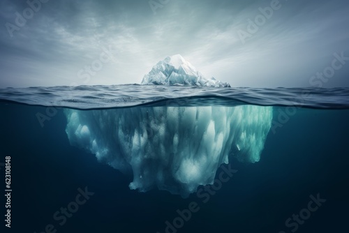 iceberg in polar regions, Iceberg on the Waterline, Captured in the Style of Photorealistic Surrealism and Moody Tonalism, Unveiling Impressive Panoramas of Light Blue and Blue Tones with Photorealist