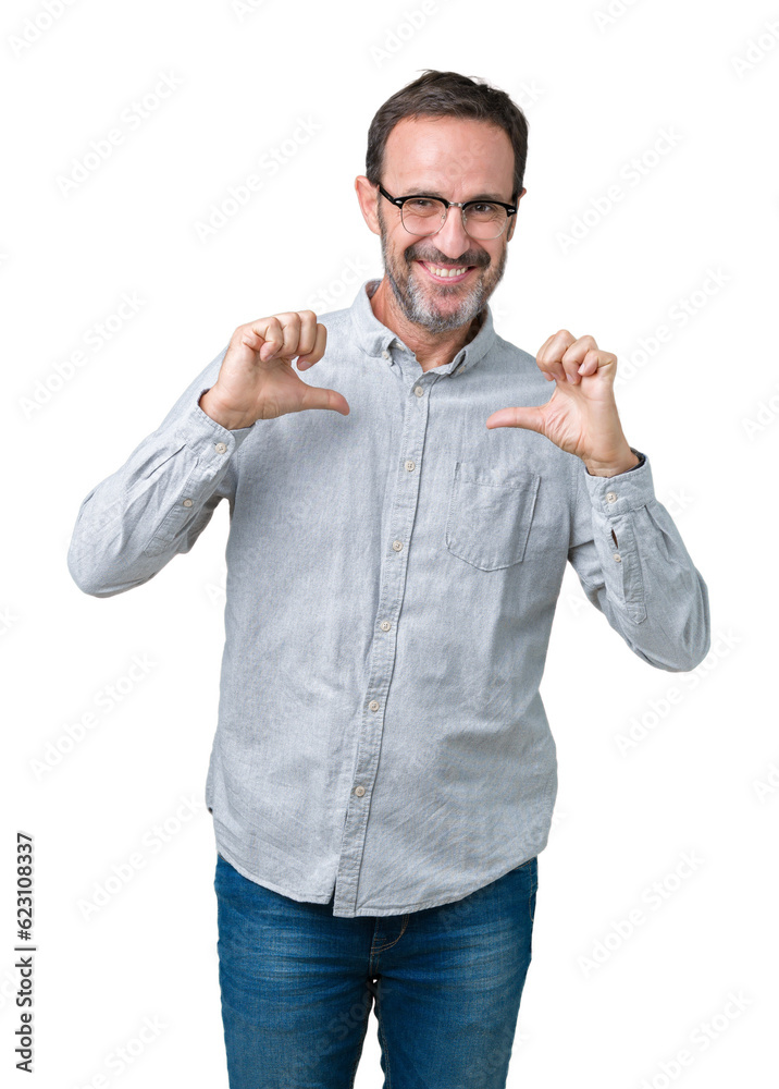 Handsome middle age elegant senior man wearing glasses over isolated background looking confident with smile on face, pointing oneself with fingers proud and happy. Handsome middle age elegant senior man wearing glasses over isolated background looking confident with smile on face, pointing oneself with fingers proud and happy.