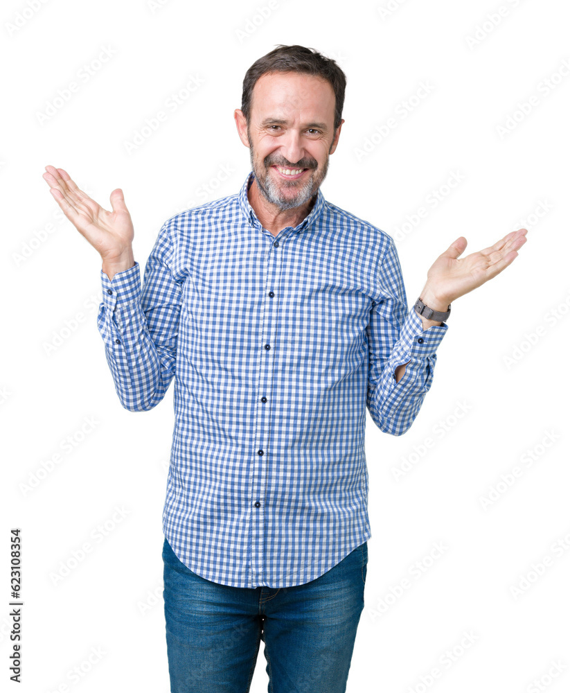 Handsome middle age elegant senior man over isolated background Smiling showing both hands open palms, presenting and advertising comparison and balance Handsome middle age elegant senior man over isolated background Smiling showing both hands open palms, presenting and advertising comparison and balance
