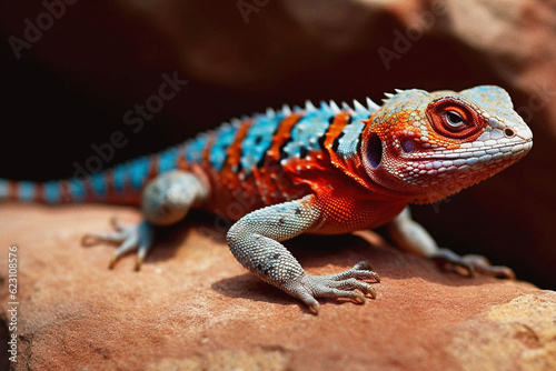 Nature, lizard and animal with agama on rock for biology, exotic and environment. Ai generated, fauna and park with closeup of reptile on desert stone for wildlife, zoo and natural habitat © Valerie Murray/Peopleimages - AI