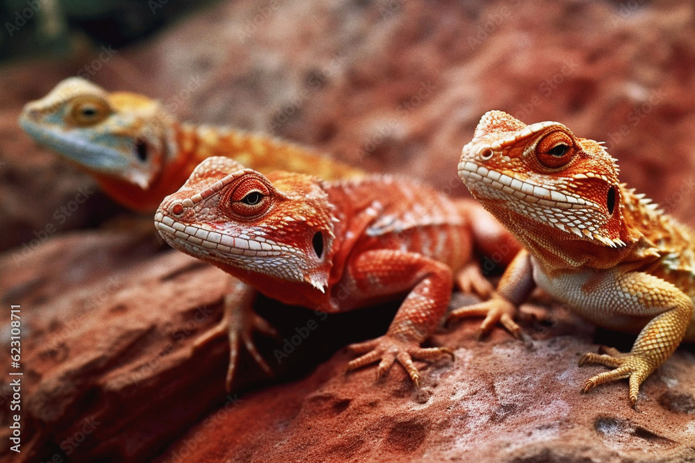 Obraz premium Nature, lizard and animal with bearded dragon on rock for biology, exotic and environment. Ai generated, fauna and park with closeup of reptile on desert stone for wildlife, zoo and habitat